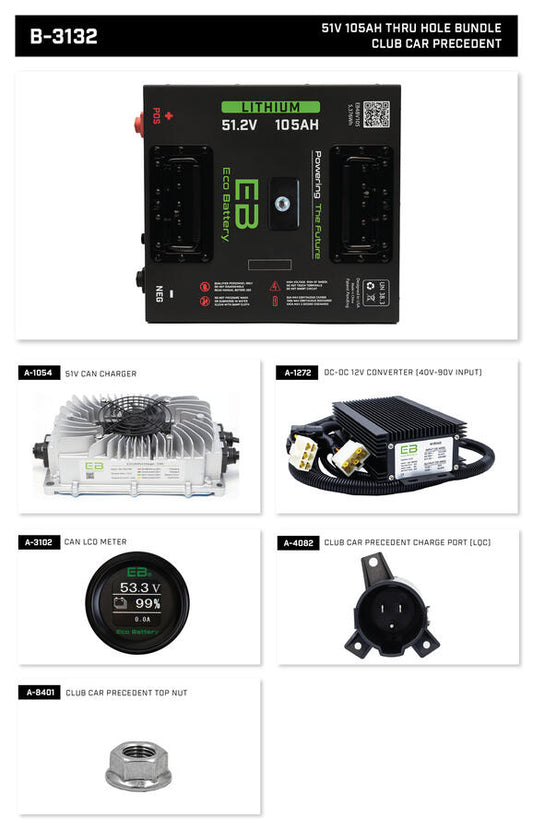 Eco Lithium Battery Complete Bundle for 2004-2008 Club Car Precedent 51V 105Ah - Thru Hole
