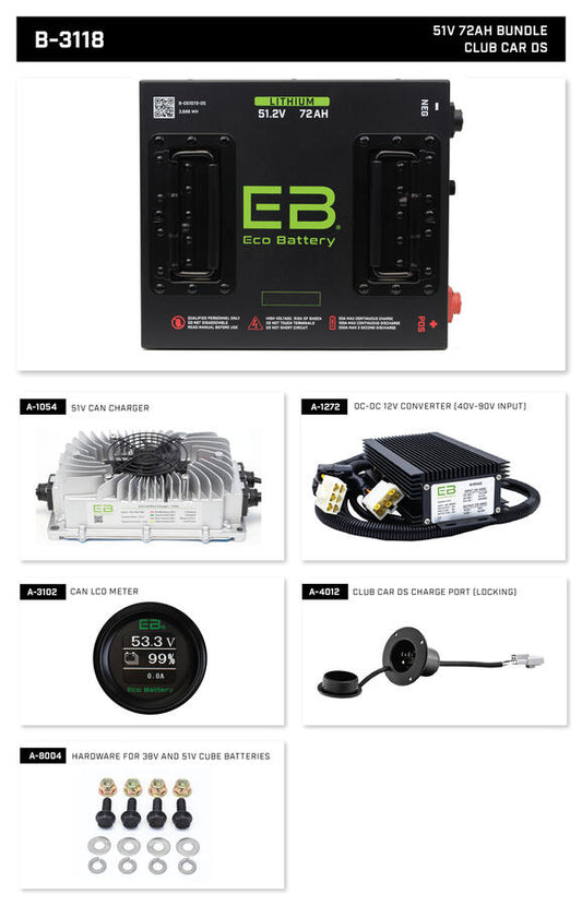 Eco Lithium Battery Complete Bundle for Club Car DS 51V 72Ah - Cube